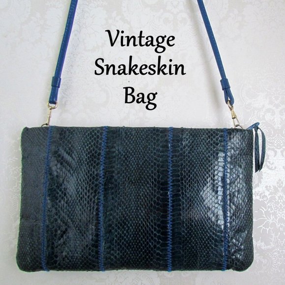 SNAKE SKIN BAG, VINTAGE CLEMENTE CLUTCH, BLUE, REMOVABLE 19" SHOULDER STRAP, EUC - Picture 3 of 7